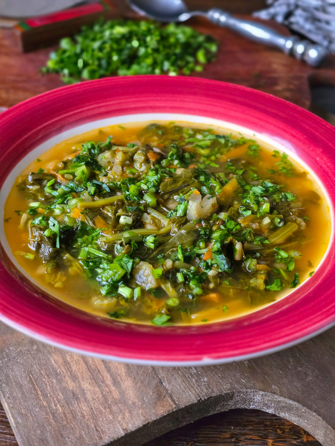 ciorbă de primăvară – spanac, ștevie, leurdă și măcriș, iar la urmă niște leuștean